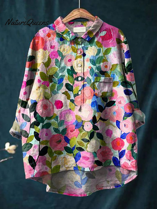 COLORFUL SPRING  GARDEN PRINTED WOMEN'S CASUAL COTTON AND LINEN SHIRT