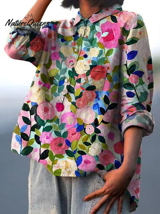 COLORFUL SPRING  GARDEN PRINTED WOMEN'S CASUAL COTTON AND LINEN SHIRT