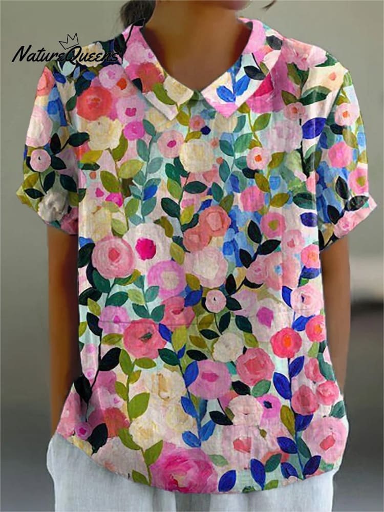 COLORFUL SPRING  GARDEN PRINTED WOMEN'S CASUAL COTTON AND LINEN SHIRT